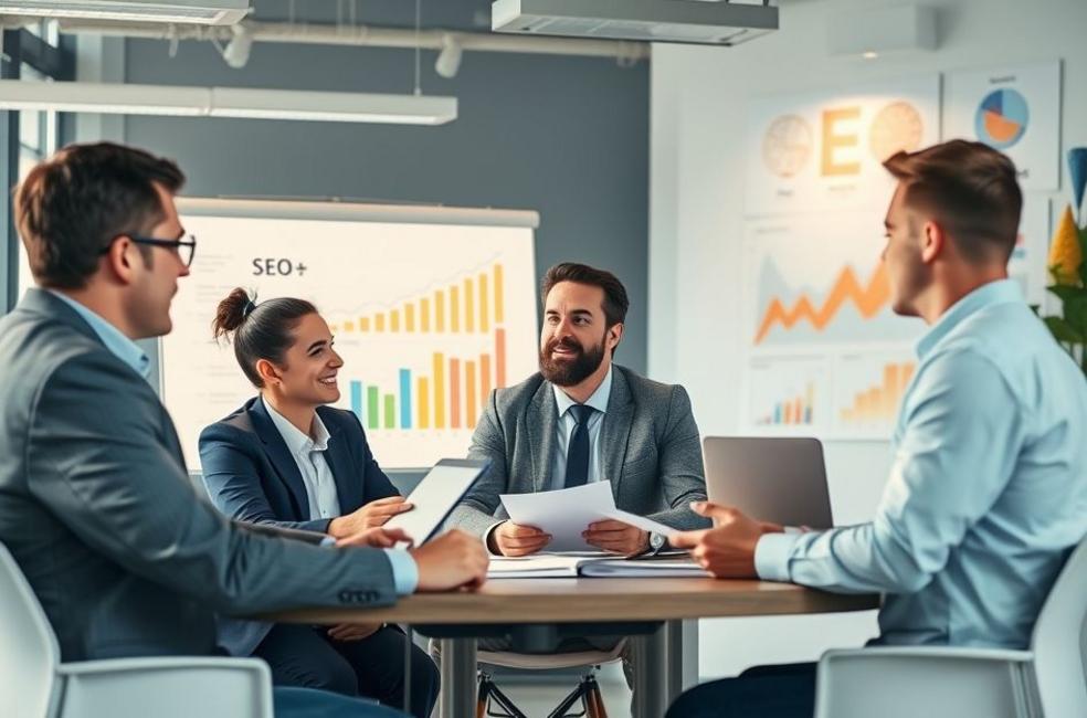 Espaço de trabalho profissional com interação sobre estratégias de SEO.