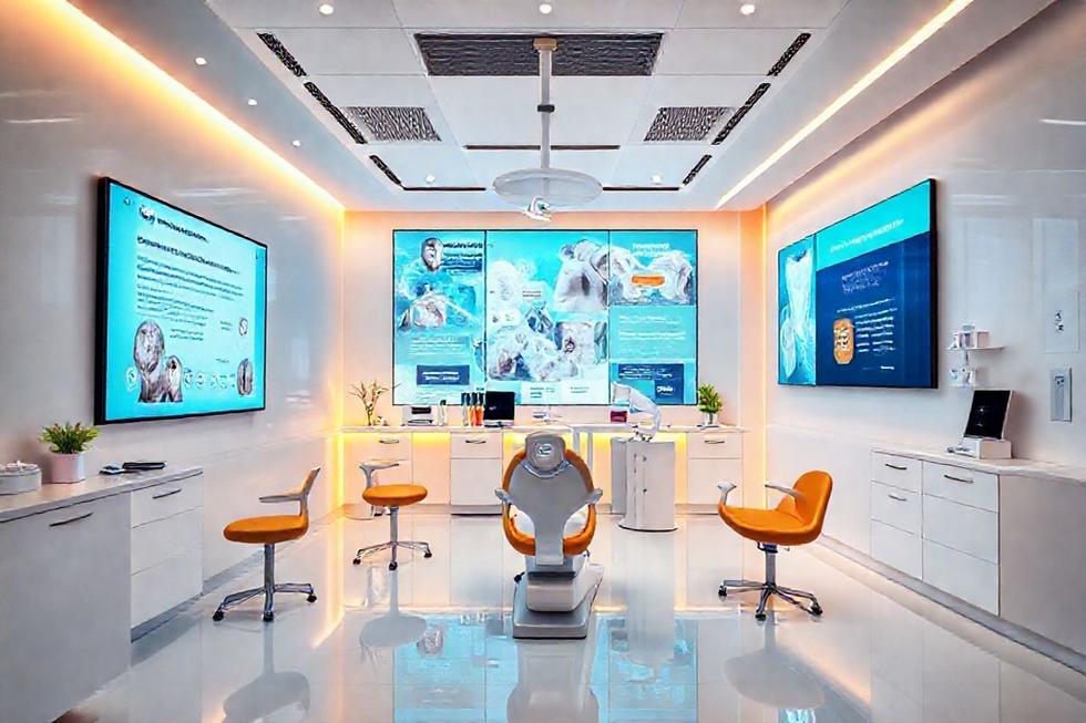 Clínica dentária moderna com elementos de marketing digital.
