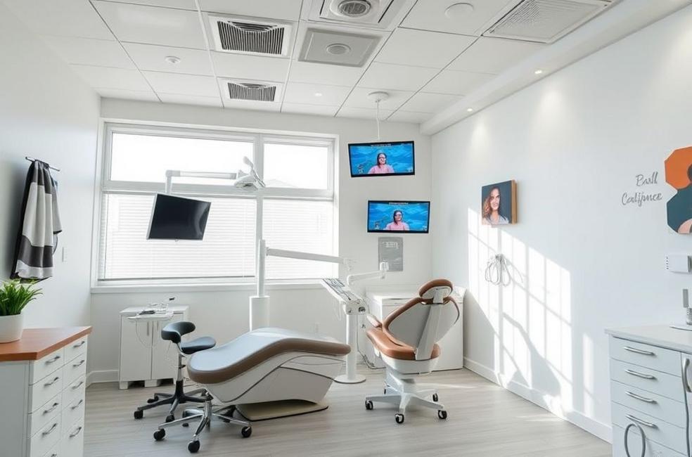 Clínica odontológica moderna, destacando tecnologia e conforto.
