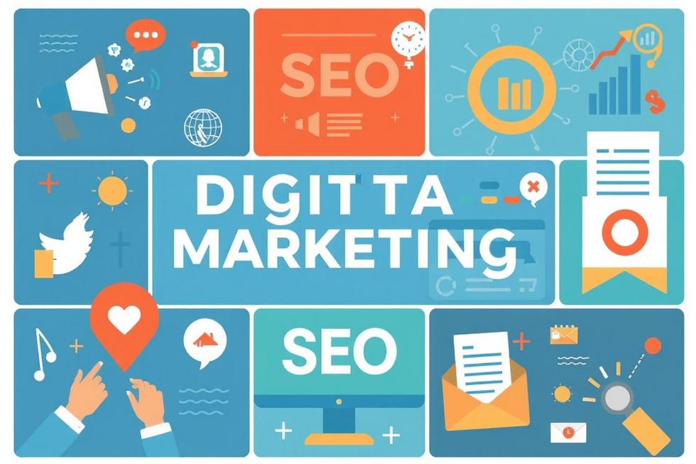 Colagem digital representando elementos de marketing para contadores.