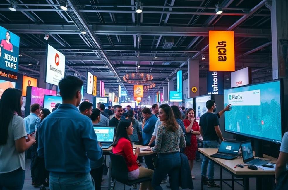 Profissionais de marketing digital em um ambiente colaborativo e tecnológico.