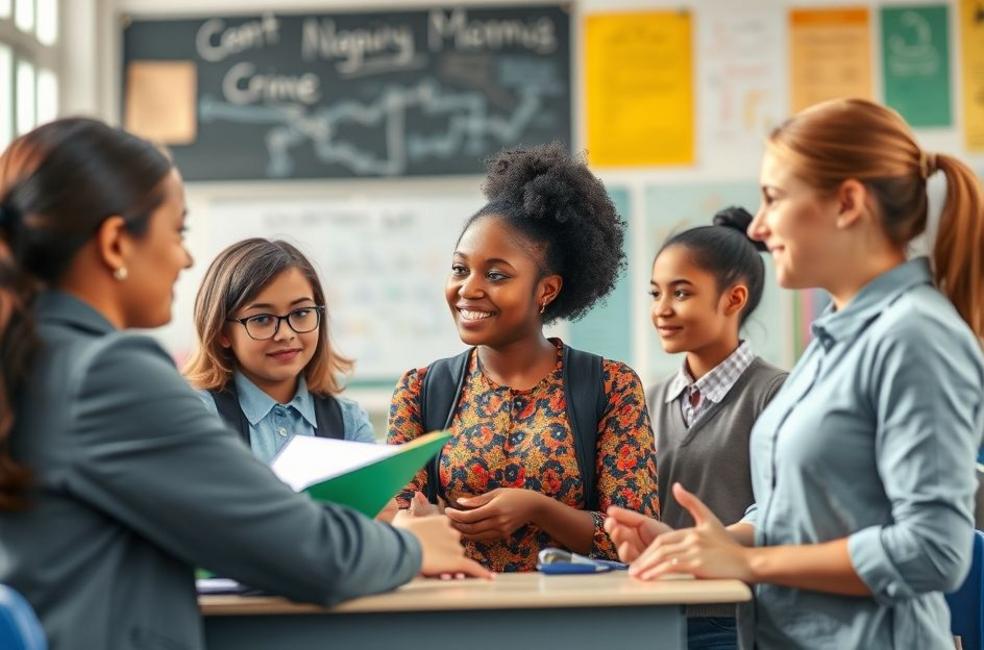 Ambiente educacional inspirador com professores e alunos engajados.