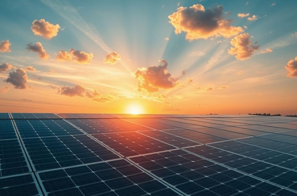 Painéis solares sob um pôr do sol, simbolizando o futuro brilhante das empresas de energia solar.