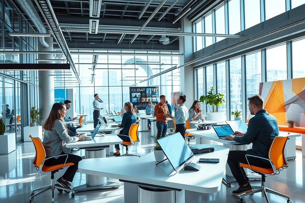 Um ambiente de coworking com empreendedores discutindo marketing digital.