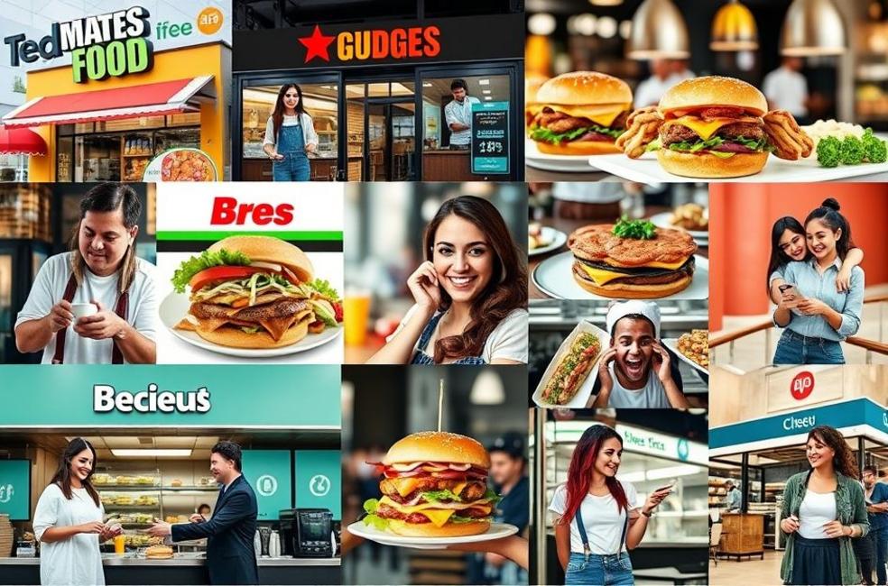 Colagem vibrante de várias franquias de alimentos usando marketing digital.