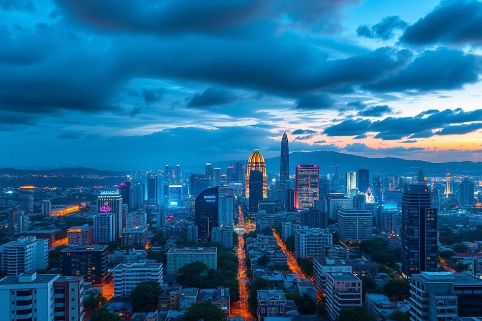 Vista do skyline de São Paulo com elementos digitais representando inovação em marketing.