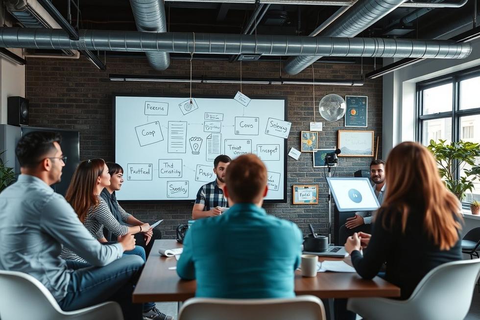 Grupo diversificado de profissionais de marketing de saúde discutindo estratégias.