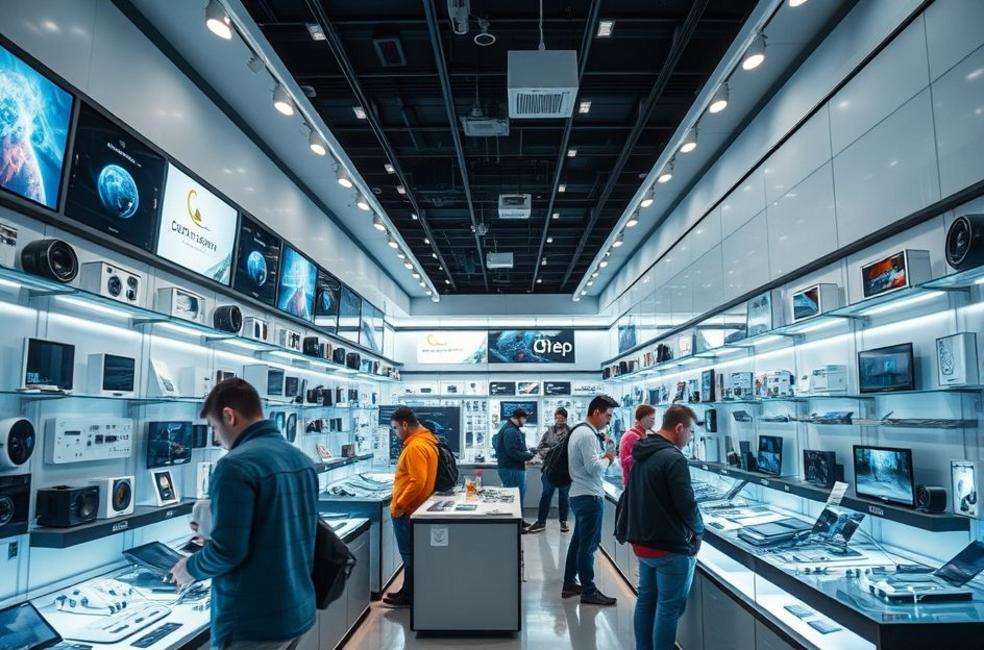 Loja de eletrônicos de alta tecnologia cheia de produtos.