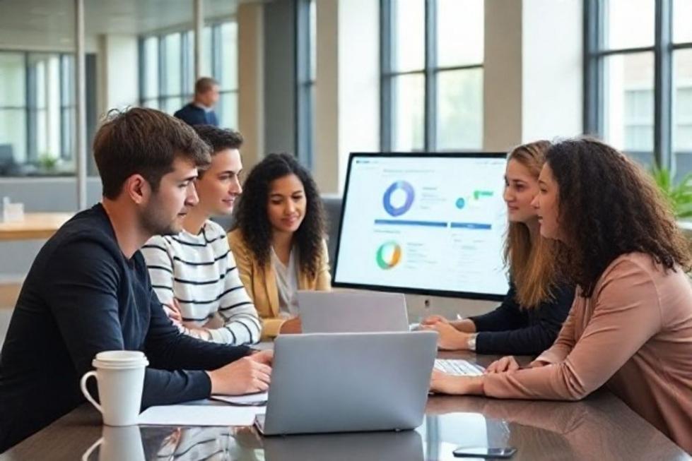 Imagem de um grupo de educadores e profissionais de marketing discutindo estratégias para cursos online.