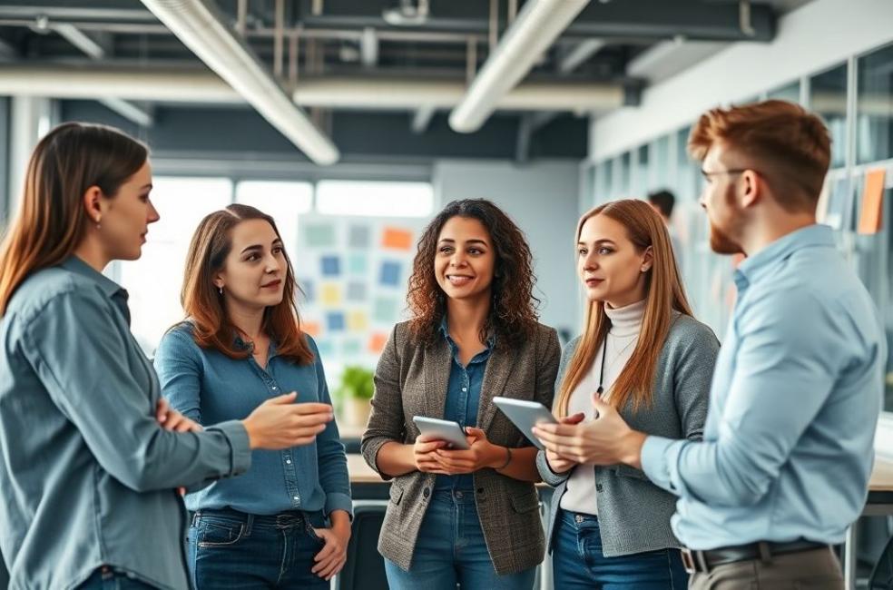Grupo de jovens empresários discutindo marketing digital.
