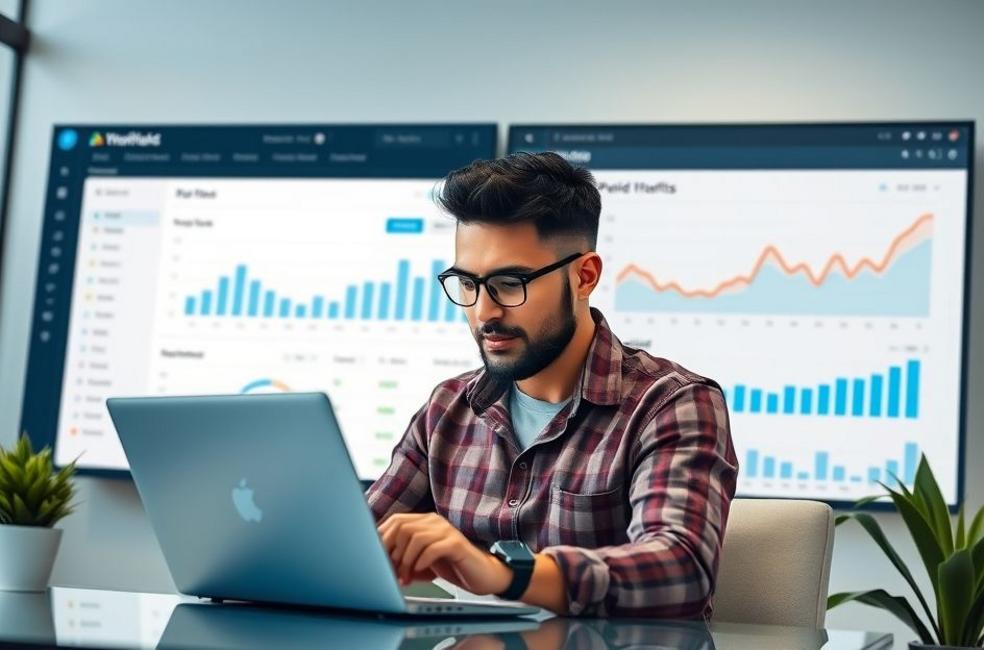 Proprietário avaliando dados de tráfego pago em São Paulo.