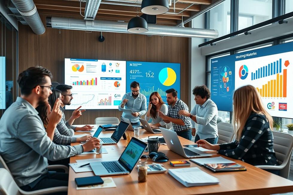 Espaço de trabalho de uma loja virtual com laptop e materiais de marketing.