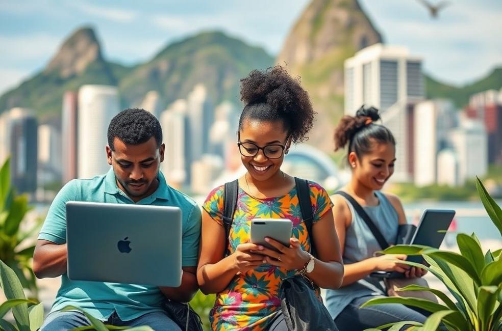 Grupo de pequenos empresários utilizando tecnologia para impulsionar seus negócios.