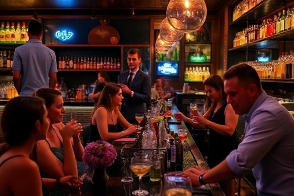 Bar movimentado com clientes e bartenders.