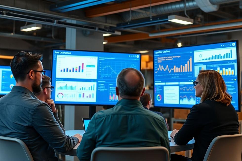 Grupo de profissionais de logística em uma reunião sobre marketing digital.