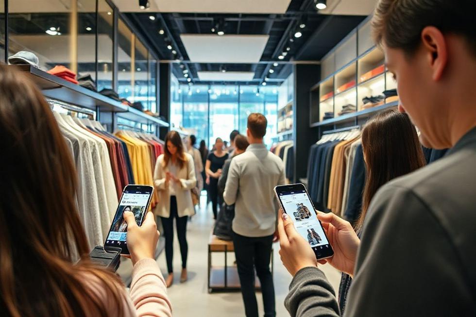 Clientes em uma loja de roupas utilizando smartphones enquanto compram online.