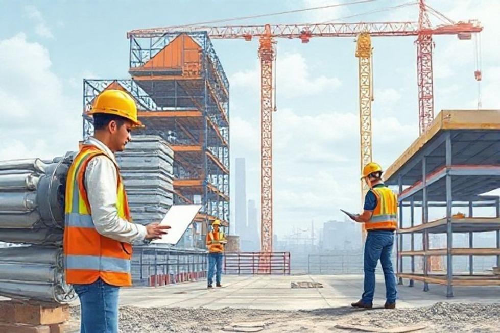 Engenheiros em um canteiro de obras utilizando ferramentas digitais para aprimorar suas estratégias de marketing.
