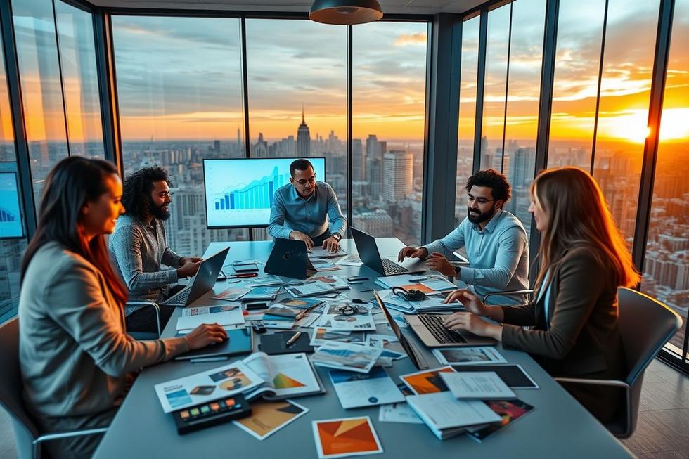 Grupo diverso de profissionais discutindo estratégias de marketing no ambiente industrial.