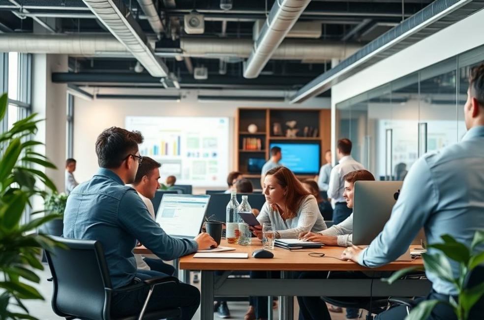 Profissionais de marketing colaborando em um escritório moderno.