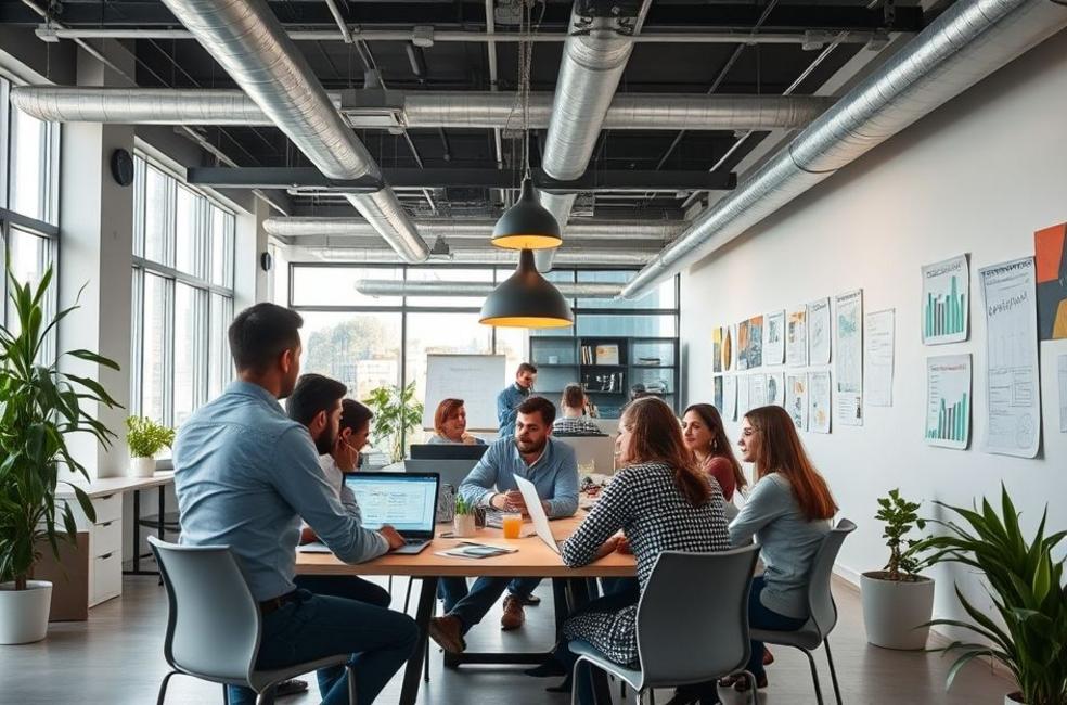 Ambiente de escritório em colaboração para desenvolvimento de estratégias de marketing.