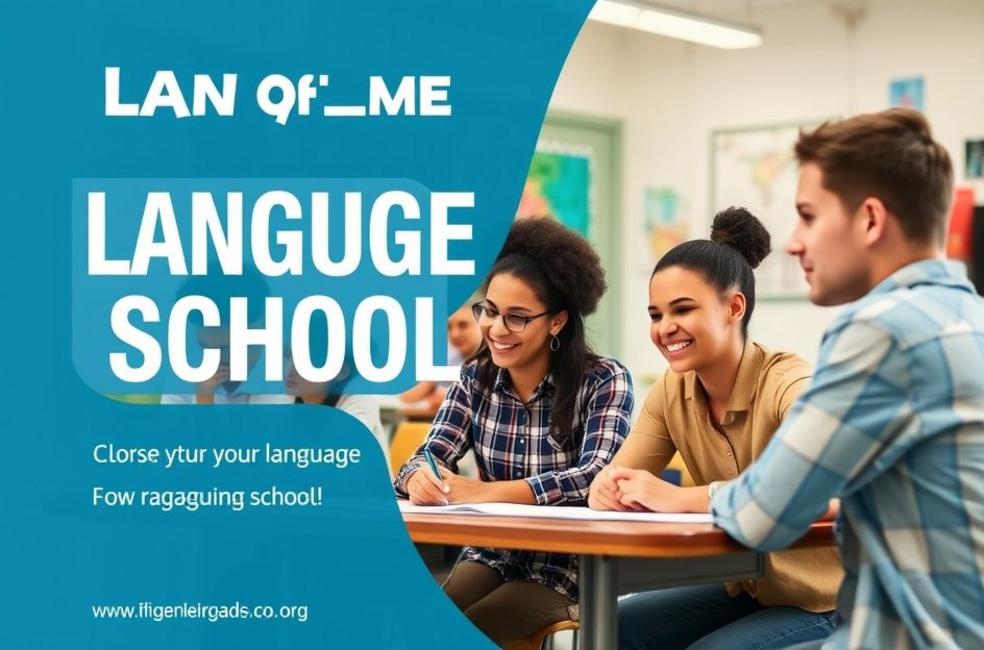 Cartaz de campanha de marketing promovendo uma escola de idiomas