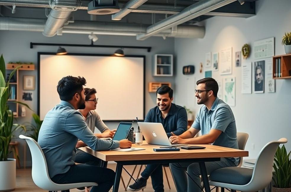 Espaço de trabalho dinâmico com empreendedores colaborando.