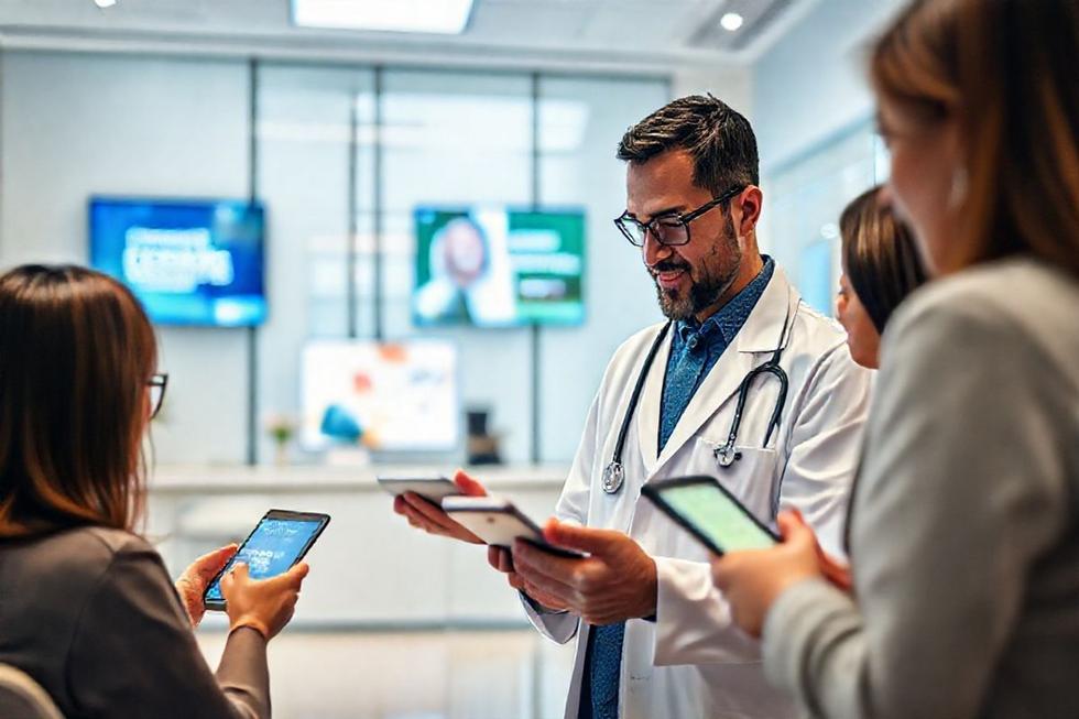 Profissional de saúde interagindo com pacientes via dispositivos digitais.
