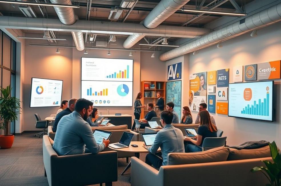 Profissionais em um escritório discutindo estratégias de marketing digital.