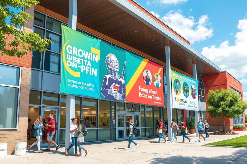 Escola moderna com promoções educativas.