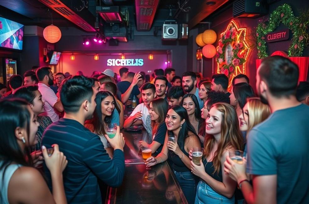 Cena de vida noturna em um bar com pessoas se divertindo