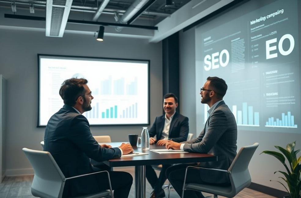 Executivos discutindo SEO em um ambiente de escritório moderno.