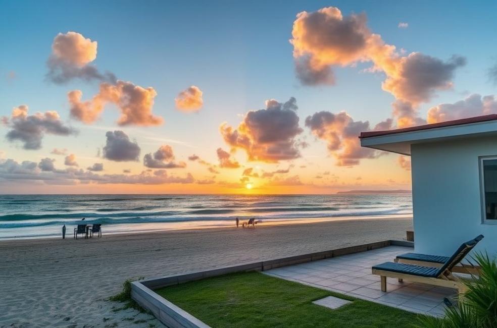 Propriedade de aluguel de temporada à beira da praia mostrando um pôr do sol.