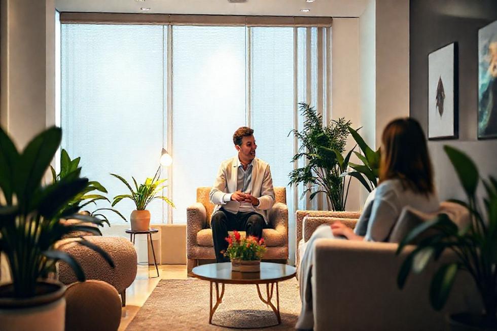 Psicólogo atendendo clientes em um consultório moderno