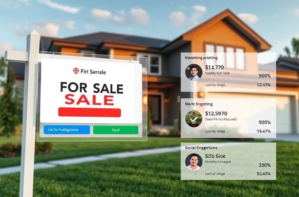 Vista de um imóvel à venda com sobreposição de dados de marketing digital.