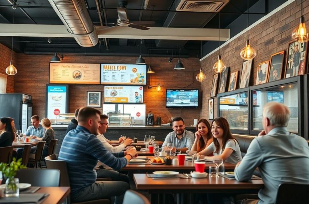 Restaurante de sucesso com elementos de marketing digital visíveis