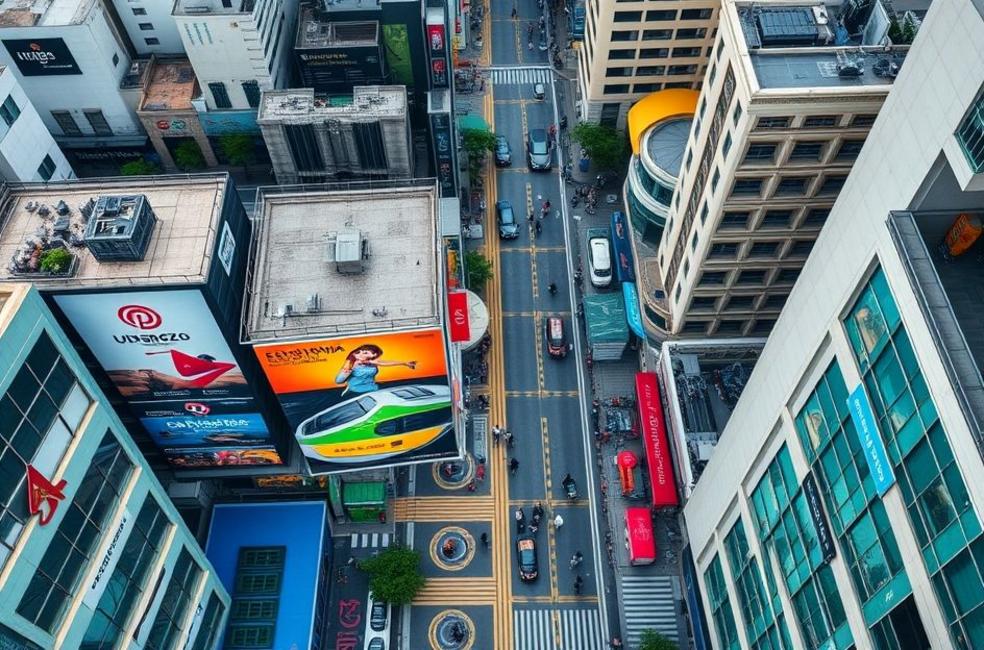 Vista aérea do distrito empresarial do Rio de Janeiro focando em branding e marketing.