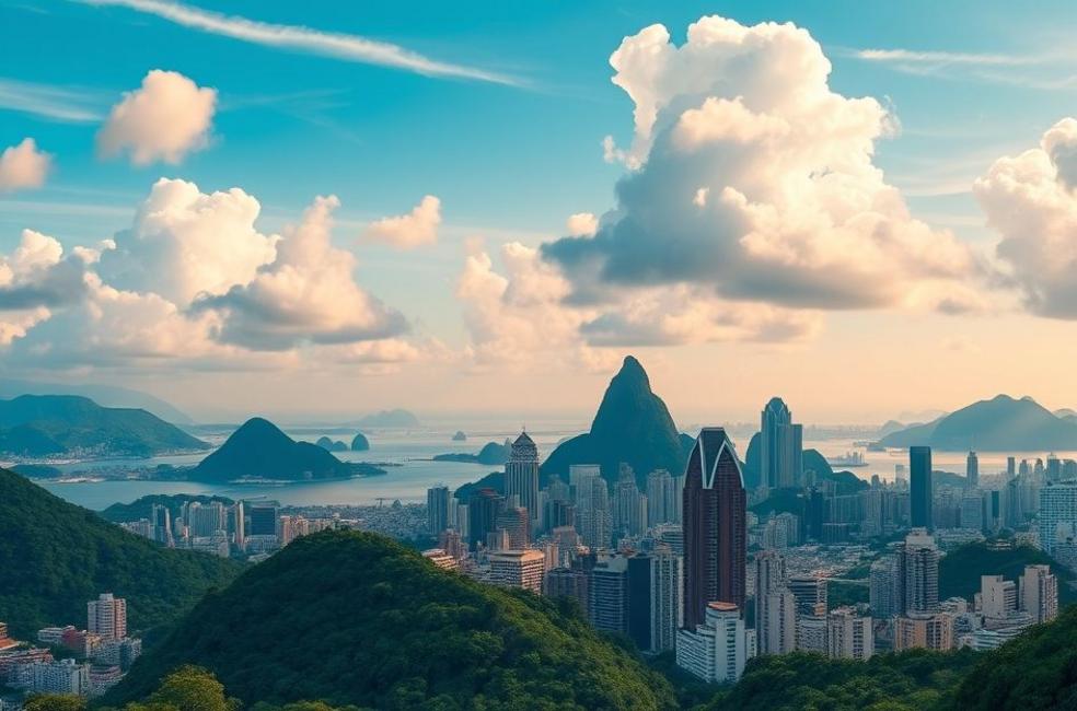 Cenário do Rio de Janeiro com elementos de marketing digital.