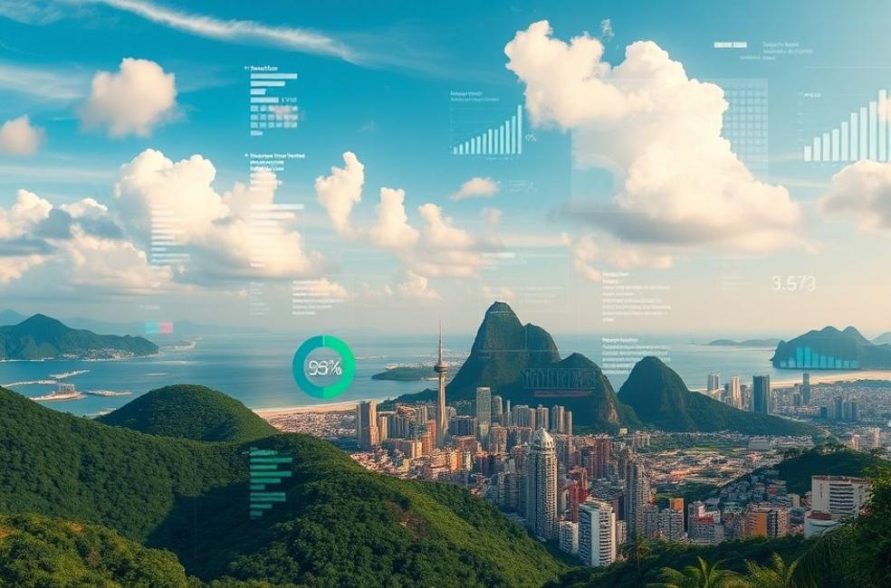Vista do Rio de Janeiro com uma sobreposição de dados de marketing digital.