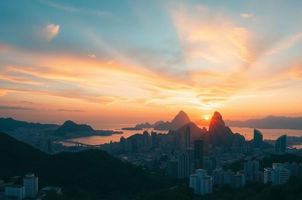 Skyline do Rio de Janeiro ao pôr do sol, representando crescimento em negócios.