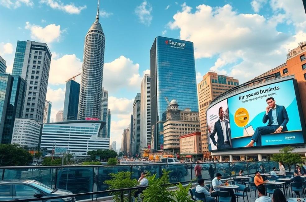Vista da cidade de São Paulo com um ambiente empresarial ativo.