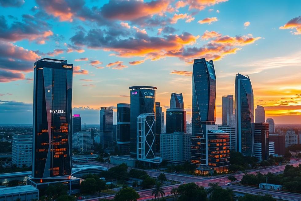 Skyline de São Paulo durante o pôr do sol, refletindo o futuro do marketing digital.