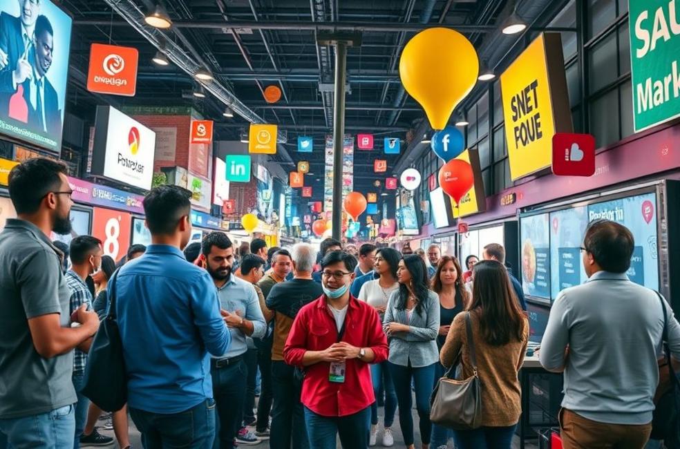 Cenário vibrante de marketing digital em São Paulo com empreendedores.