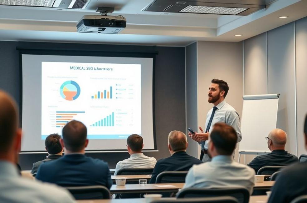 Um especialista discutindo estratégias de SEO em um seminário sobre marketing digital para laboratórios.