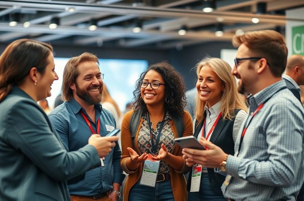 Grupo diverso de proprietários de lojas de calçados em uma conferência discutindo marketing digital.