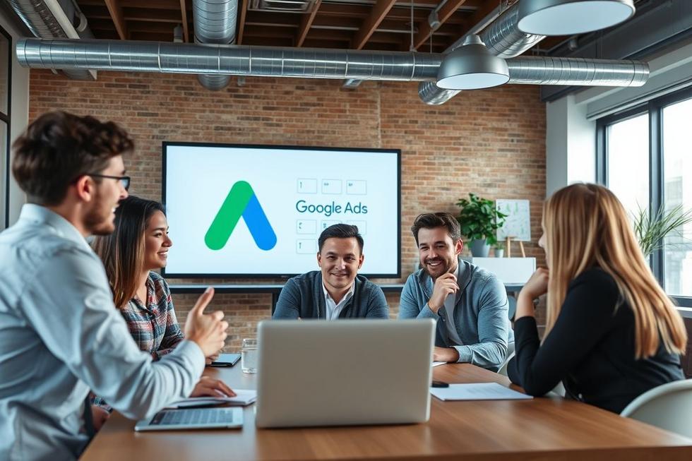 Grupo diverso de profissionais de marketing colaborando em campanhas de turismo.