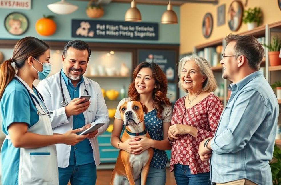 Interações positivas entre veterinários, donos de pet shops e clientes.