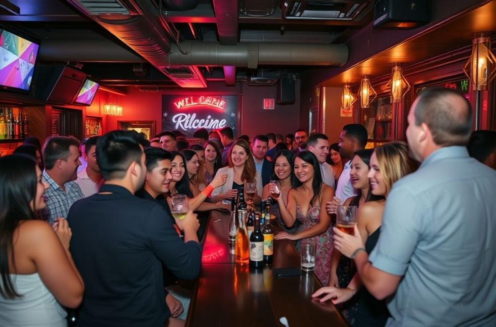 Ambiente acolhedor de bar com clientes felizes e um staff engajado.