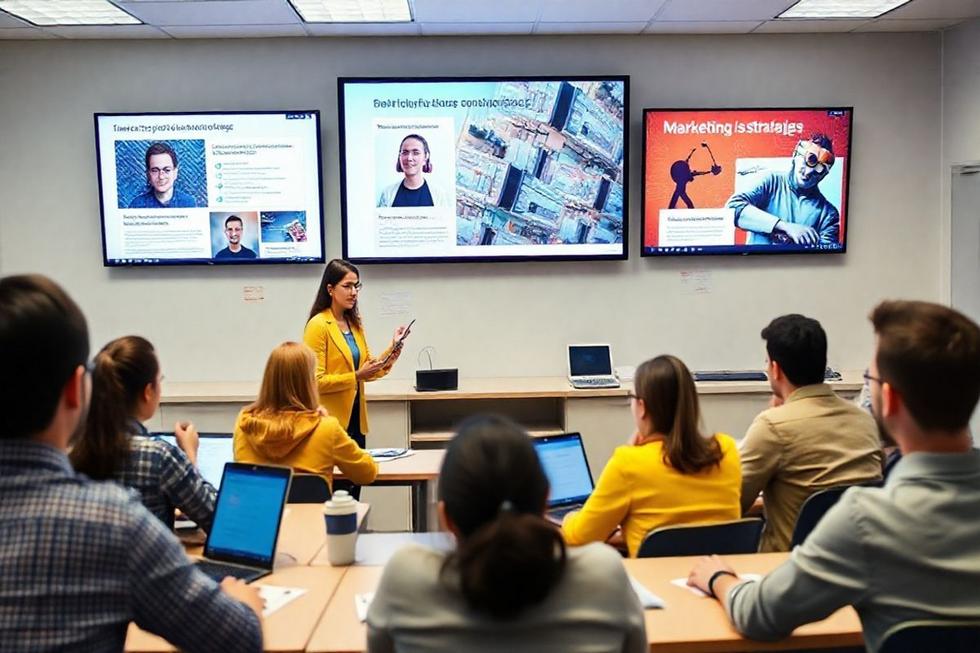 Sala de aula moderna com educadores e alunos envolvendo-se com o aprendizado digital.