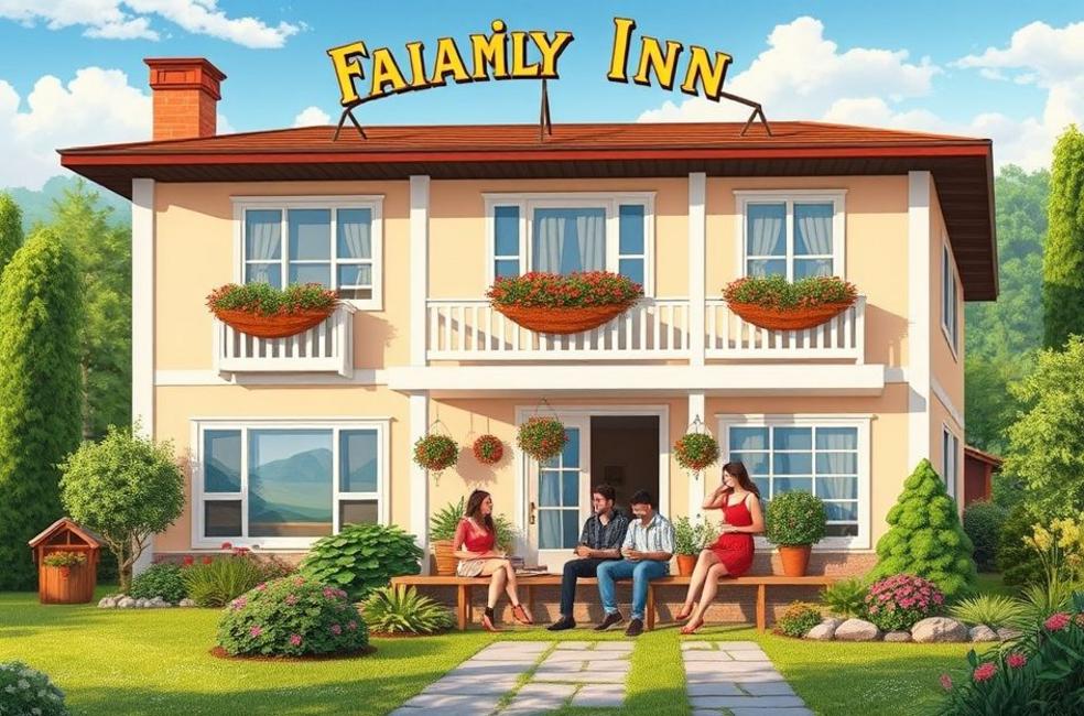 Pousada familiar vibrante com hóspedes felizes.