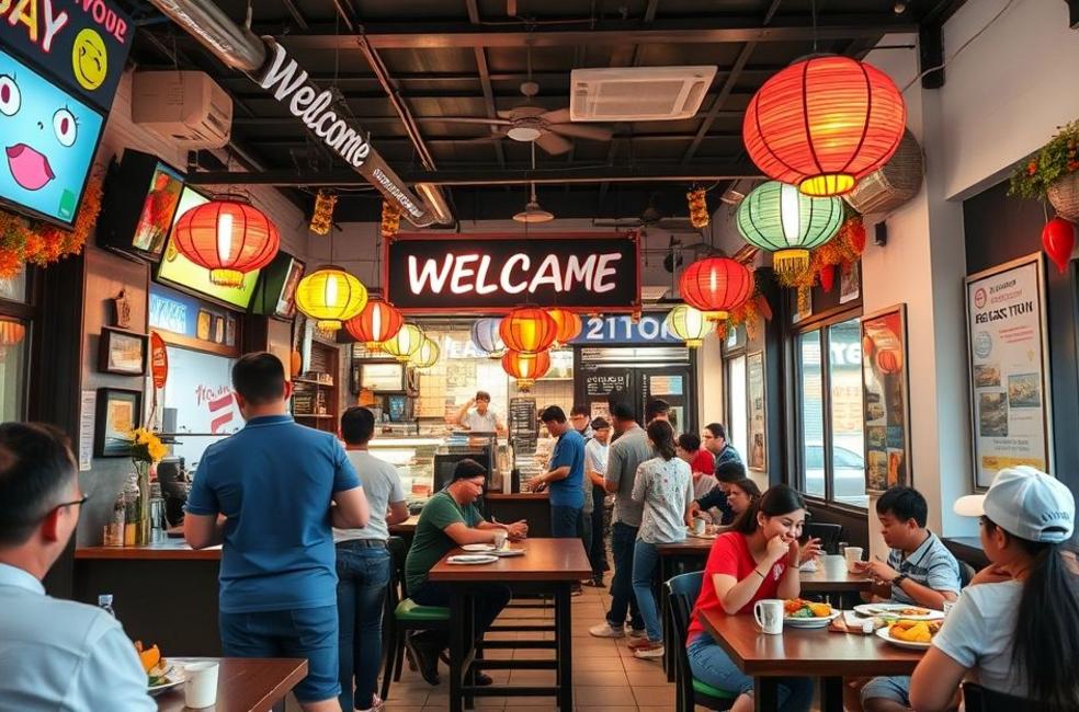 Restaurante local com turistas felizes desfrutando das refeições.